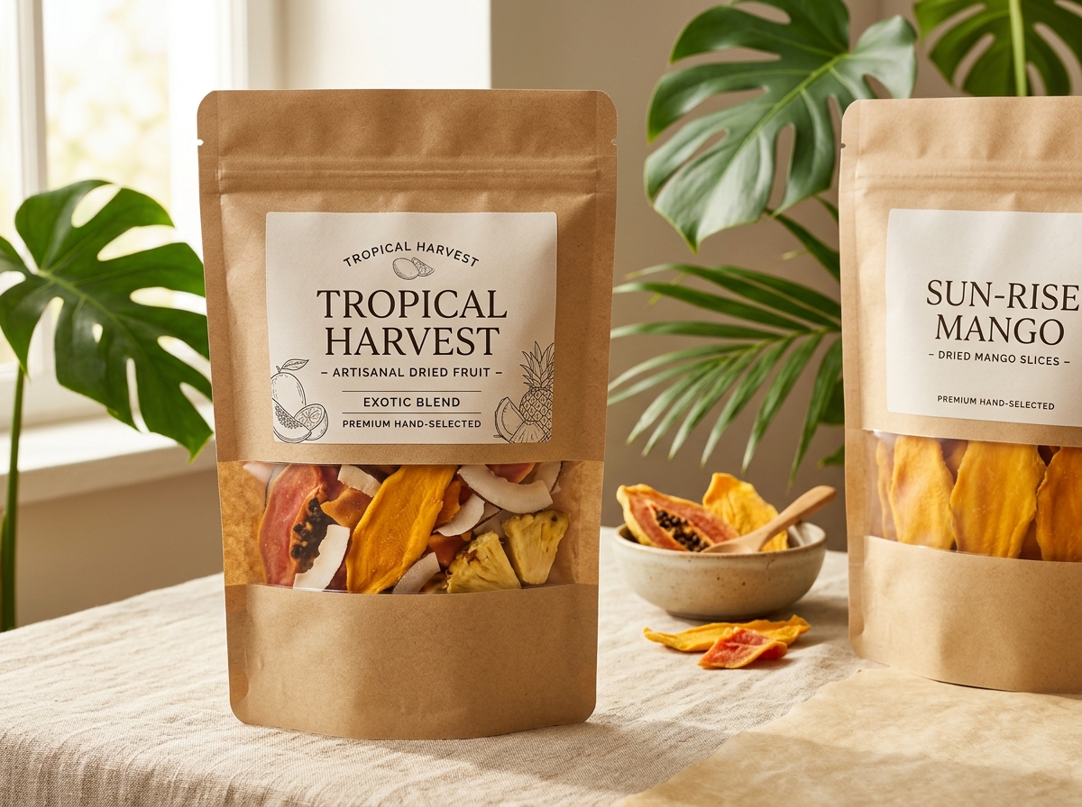 Dehydrated tropical fruits in stand-up zipper pouches