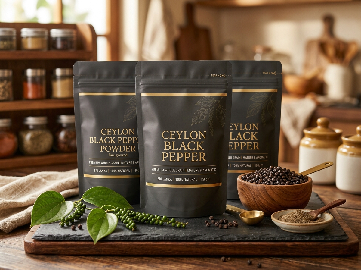 Ceylon black pepper in stand-up zipper pouches
